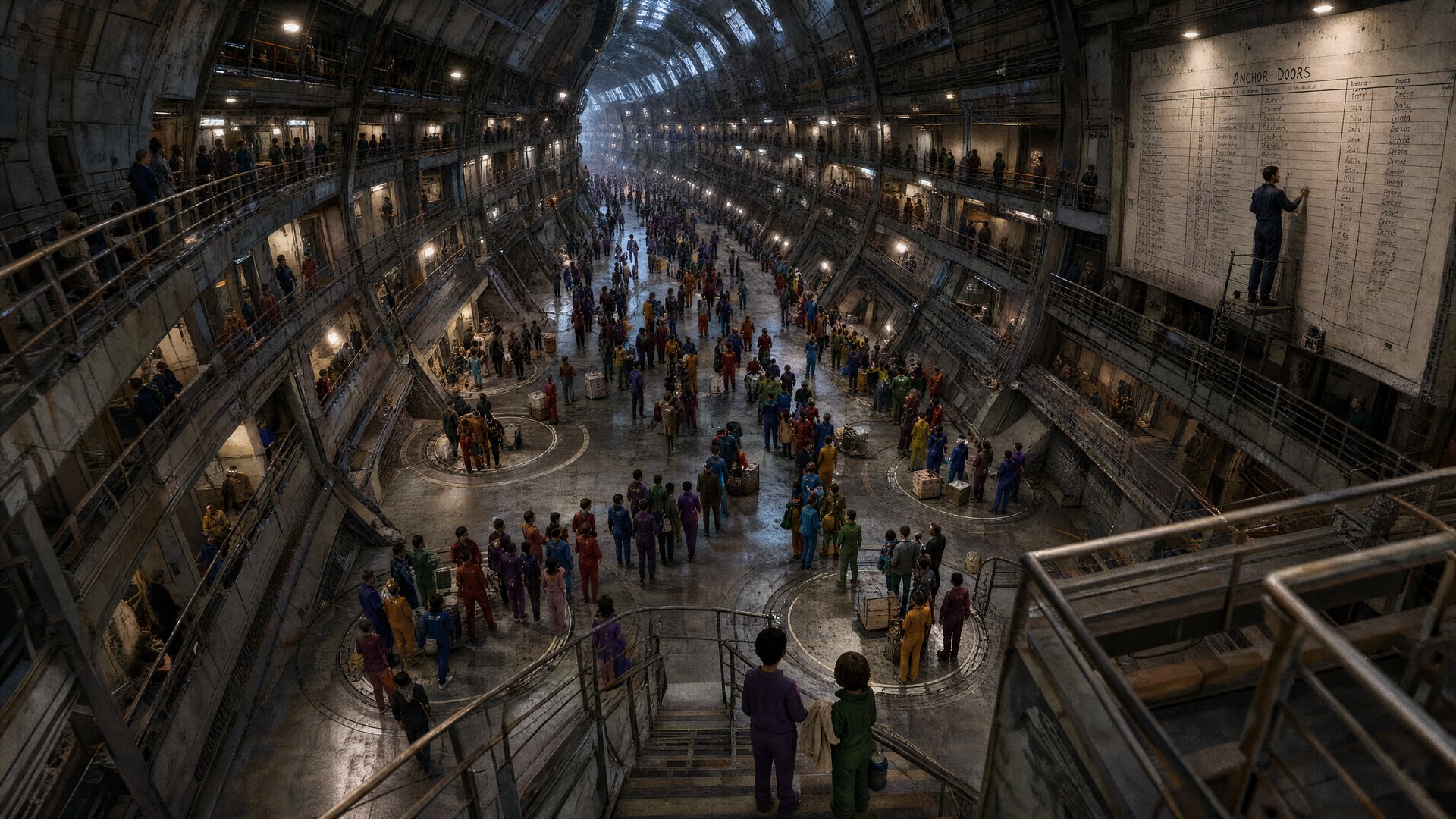 Nine doors, eight queues moving, and the Standing on the gallery wall.