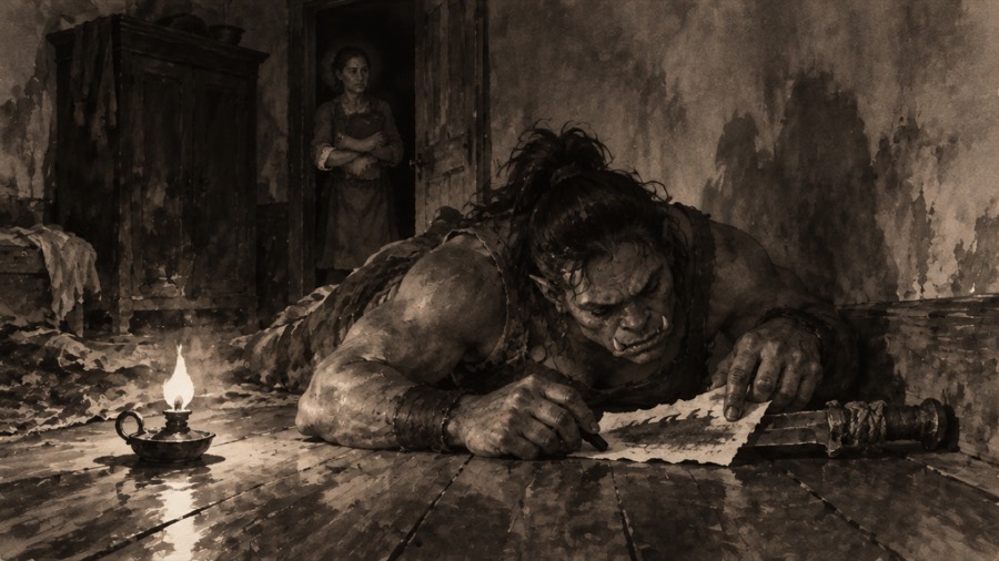Ink-wash plate: Kag examining a rubbing by lamplight.