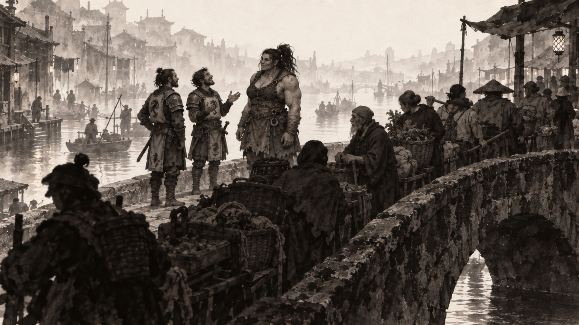 The Fishmarket bridge at dawn: Kag and two of the Baron's men, with the carts stopped behind them.